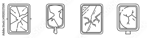 Line art illustration of broken television screens in varying shapes and sizes