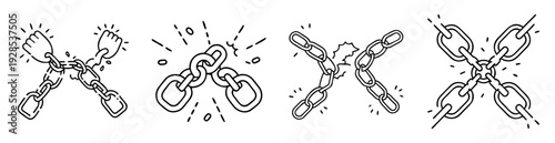 Four stages of a chain breaking, representing freedom and liberation