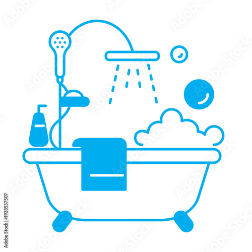 Bathroom icon line and solid style isolated on transparent background. Shower room, bath with bubbles icon. Hygiene and home interior symbol for cleaning service shower, or bath design. 
