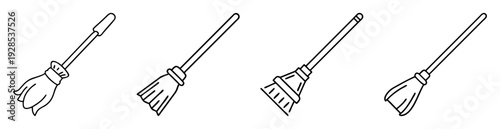 Four outline witch brooms, varying in style, arranged horizontally on a white background