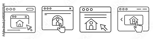 Four web browser windows with home icons and pointing devices