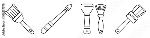 Line art illustration of diverse paint brushes in various styles and shapes