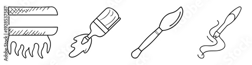 Cartoon illustration of four different artistic paint brushes in black and white
