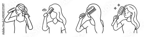 Four outlined illustrations of women brushing their hair with different types of brushes
