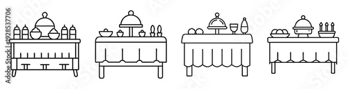 Outline drawings of four tables set with food and decorative objects