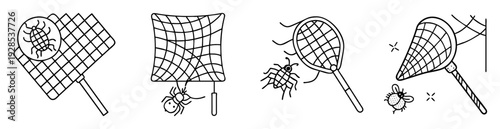 Outlined insect nets depicted in various scenarios with bugs and insects