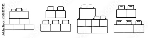 Monochrome illustration of various arrangements of stacked building blocks on a white background