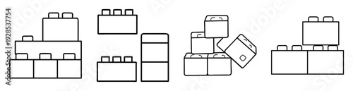 A minimalistic black and white illustration of different arrangements of building blocks