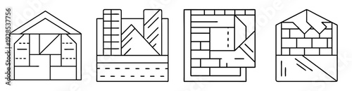 Geometric minimalist line art of four abstract architectural structures or buildings