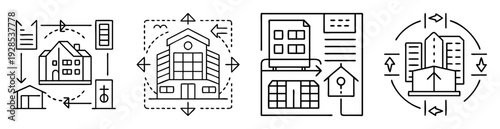 real estate development and investment line art icons depicting property growth