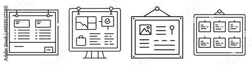 Four stylized bulletin boards with various graphic elements in black and white