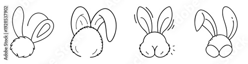 Four cute bunnies only showing fluffy tail and adorable big rabbit ears