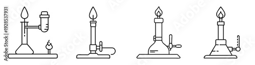 Set of line art illustrations showing different styles of Bunsen burners