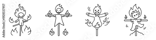 Four spooky scarecrows are burning brightly in this delightful cartoon illustration