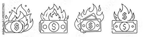 Four depictions of money burning as a symbol of financial loss