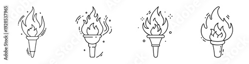 Set of Line Art Flame Torches with Handles, Olympic Spirit Elements