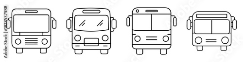 Collection of four different stylized bus front views line drawings