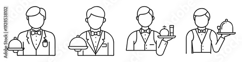 Line art depicting diverse waiters presenting elegant dishes and beverages with sophistication