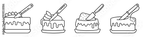 Black and white line art of four cakes with knives