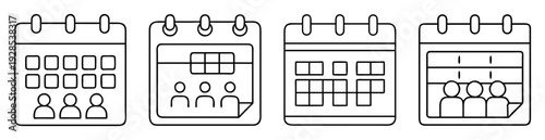 Four calendar icons displaying different date arrangements and group representations in black and white