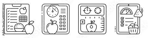 Four screens of phone apps for tracking nutrition, exercise and fitness