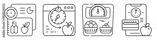 Icons illustrating healthy eating habits related to intermittent fasting and weight management