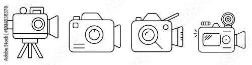 Collection of outlined simplistic film camera icons on a white background