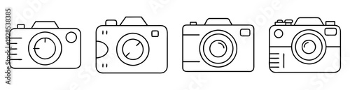 Set of simple line drawing cameras illustrating photographic equipment for capturing images