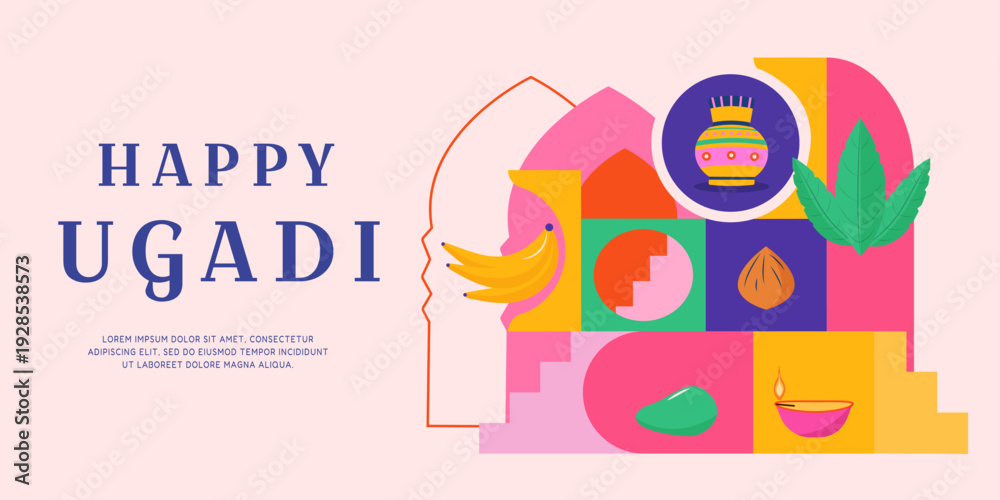 Fototapeta premium Happy Ugadi banner with geometric figures, fruits, kalash pot, candle and text. Vector design