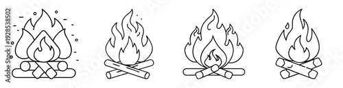 Four different campfire illustrations depicting outdoor camping in black and white