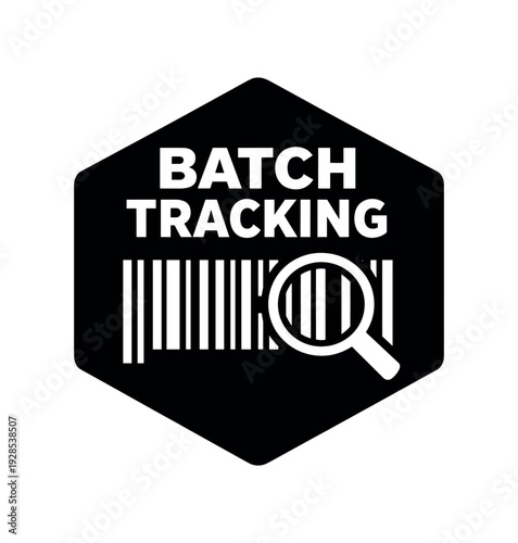 Flat vector hexagon badge solid black hexagon background BATCH TRACKING simple white barcode with magnifier
