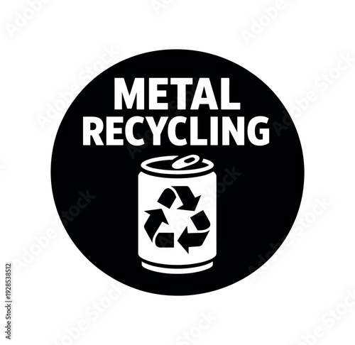 Flat vector badge METAL RECYCLING simple white can with recycle arrows