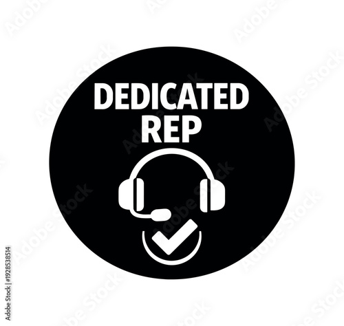 Flat vector badge DEDICATED REP simple white headset support icon with checkmark