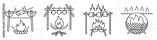 Four line art camping bonfire scenes with marshmallows toasting on sticks