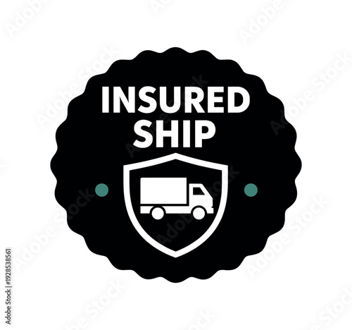 Flat vector seal stamp badge INSURED SHIP simple white shield with truck tiny accent dot