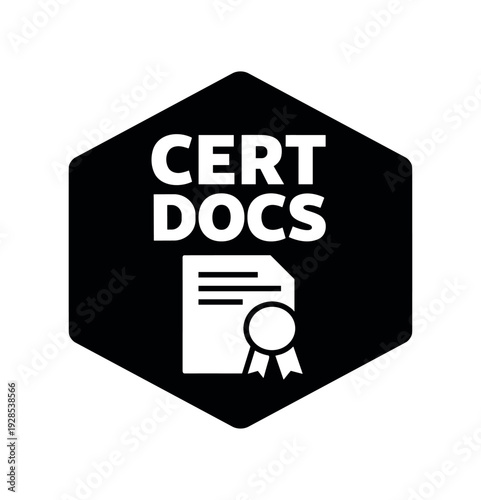 Flat vector hexagon badge solid black hexagon background CERT DOCS simple white document with ribbon seal