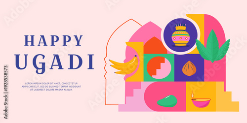 Happy Ugadi banner with geometric figures, fruits, kalash pot, candle and text. Vector design