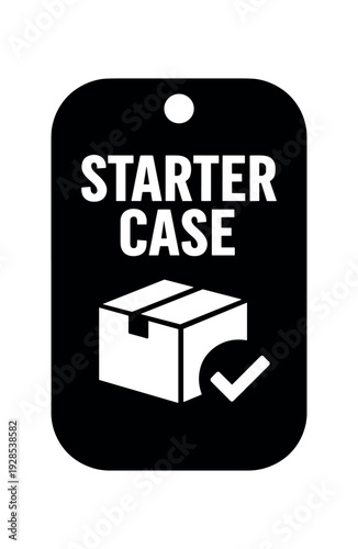 Flat vector hang tag badge solid black rounded rectangle tag with small hole at top STARTER CASE simple white carton box with checkmark