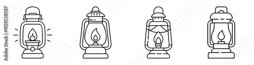 Line art drawing of four different styles of antique kerosene lanterns