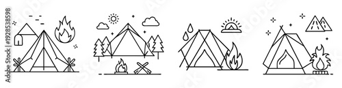 Stylized camping icons featuring tents, bonfires, nature and outdoor themed symbols