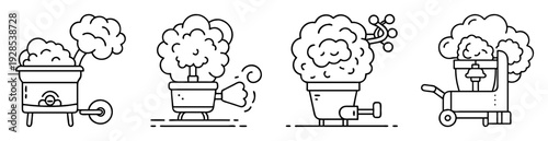 Four steam punk contraptions expelling clouds of steam with various engine mechanisms