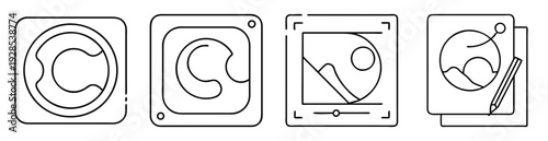 Simple line drawings of abstract graphics representing design and art projects