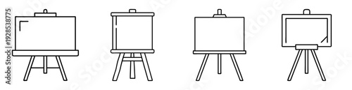 Outline drawing of four easels in a row with different designs