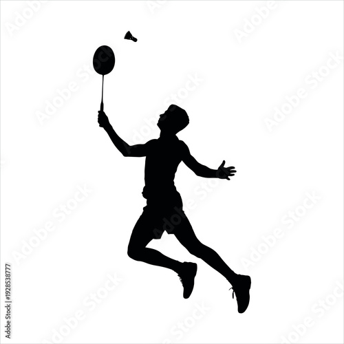 Badminton player silhouette jumping to hit shuttlecock isolated on white background