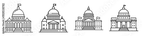 Diverse line art illustrations of government capitol buildings with different styles
