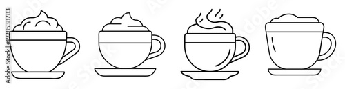 Black and white line art illustration of various coffee drinks with foam