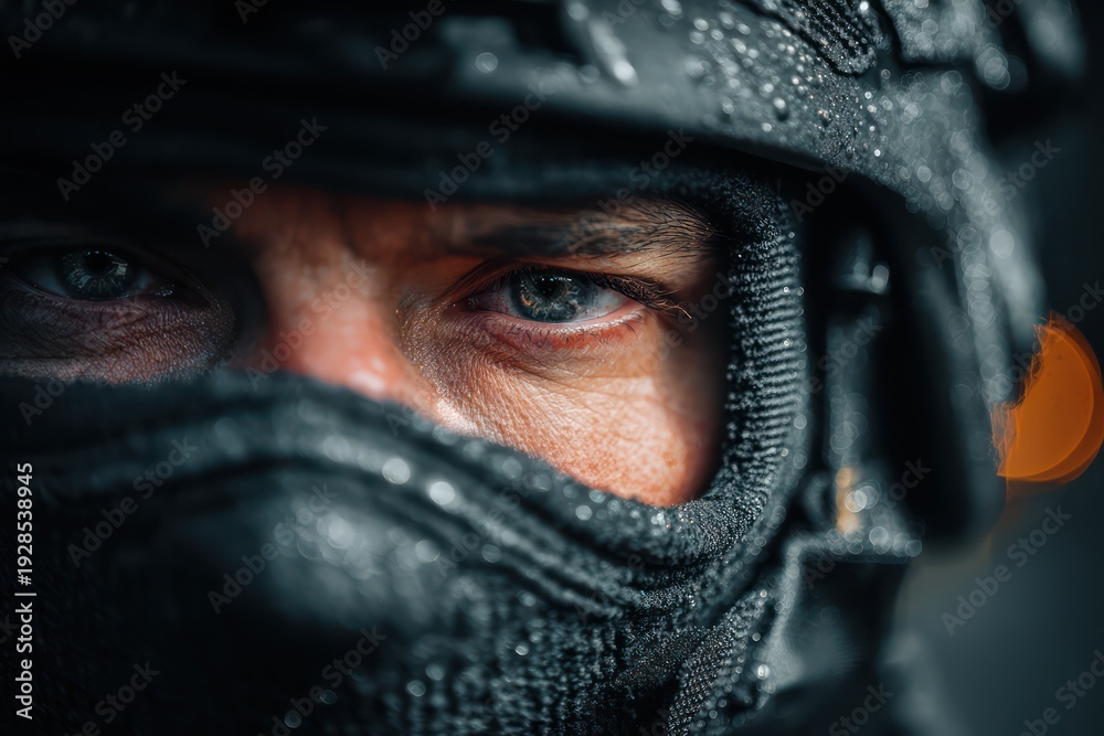 Fototapeta premium Commando in tactical mask with sharp gear