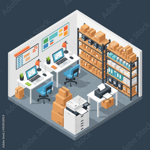 Isometric Office and Warehouse Space with Desks, Computers, and Shelving.