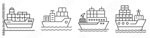 Outline Illustrations of Cargo Ships and Container Vessels on the Sea