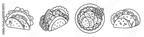Four unique and delicious tacos illustration with black outlines on white background
